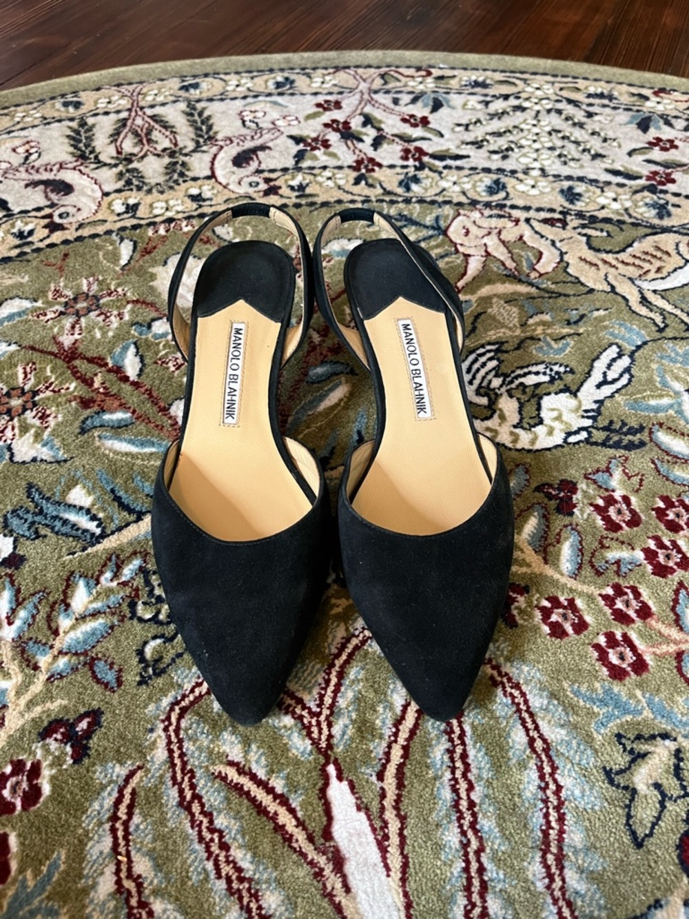Manolo Blahnik Black Suede Pointed-Toe Slingback Pumps